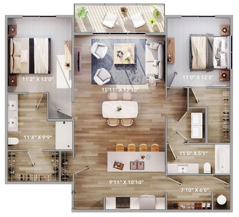 Floor plan for 2 beds, 2 baths, 1261 sqft